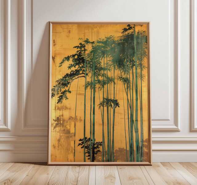 Japanese Bamboo Poster, Golden Yellow Botanical Wall Art, Zen Minimalist Asian Nature Print, Traditional Japan Decor Unframed - image 1