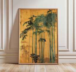 Japanese Bamboo Poster, Golden Yellow Botanical Wall Art, Zen Minimalist Asian Nature Print, Traditional Japan Decor Unframed - thumbnail 1
