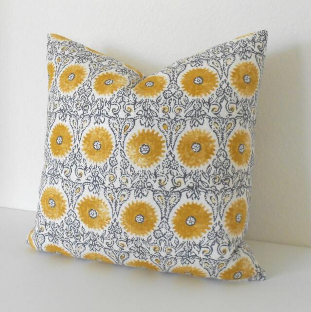 Yellow Medallion Pillow Cover Gray Floral Suzani Print - image 1