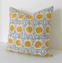 Yellow Medallion Pillow Cover Gray Floral Suzani Print - thumbnail 1