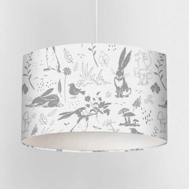 Grey Sketch Hares Lampshade - Neutral Woodland Nursery Guess How Much I Love You For Baby Room Drum Shade Handmade - image 1