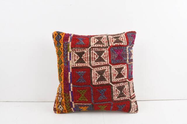 Vintage Turkish Kilim Pillow Cover Handwoven Wool Cushion - 16x16 - image 1