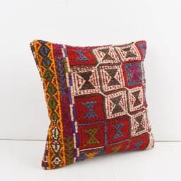 Vintage Turkish Kilim Pillow Cover Handwoven Wool Cushion - 16x16 - thumbnail 2