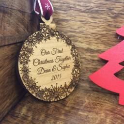 Personalised Christmas Tree Wooden Bauble Decoration For Couples - Celebrating Your 1st Together New Home Gift - thumbnail 1
