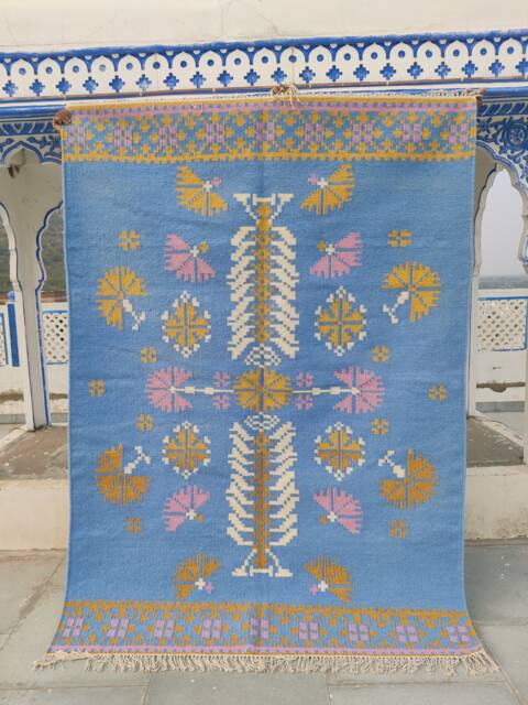 Hand Woven Wool Cotton Rug, Floral Design, 5x8 Vintage Carpet - image 1