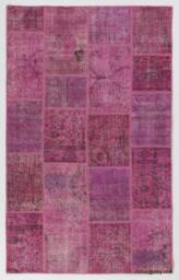 Pink Turkish Patchwork Rug Handmade Wool, Cotton Blend