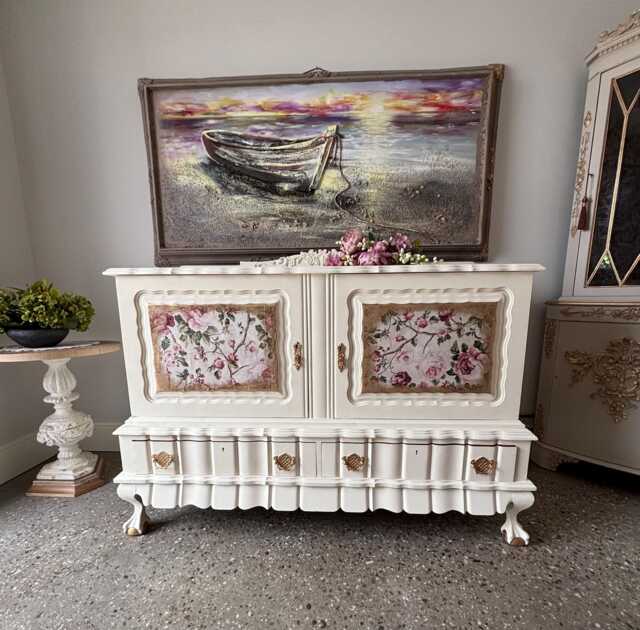 Vintage French Cottage Chic Sideboard/Buffet Hand Painted Floral Cabinet - Romantic Cream - image 1