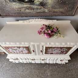 Vintage French Cottage Chic Sideboard/Buffet Hand Painted Floral Cabinet - Romantic Cream - thumbnail 2