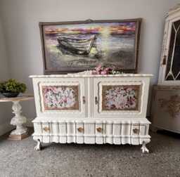 Vintage French Cottage Chic Sideboard/Buffet Hand Painted Floral Cabinet - Romantic Cream