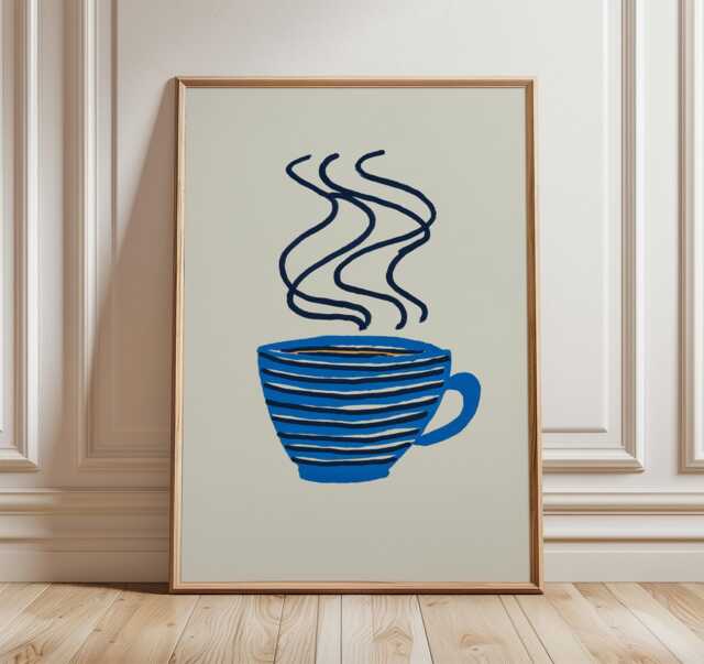 Minimalist Coffee Cup Poster, Modern Blue Line Art Print, Scandinavian Kitchen Wall Decor, Simple Illustration - image 1