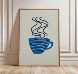 Minimalist Coffee Cup Poster, Modern Blue Line Art Print, Scandinavian Kitchen Wall Decor, Simple Illustration - thumbnail 1