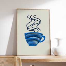 Minimalist Coffee Cup Poster, Modern Blue Line Art Print, Scandinavian Kitchen Wall Decor, Simple Illustration - thumbnail 2