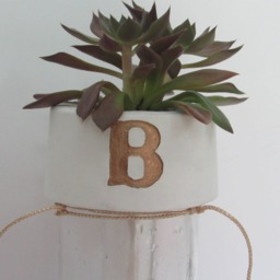 Upcycled Minimalist Custom Intitial Wine Bottle Cement Gold Rope Hanging Planter Self-Watering - thumbnail 2