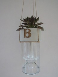 Upcycled Minimalist Custom Intitial Wine Bottle Cement Gold Rope Hanging Planter Self-Watering