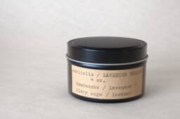 Lavender Menace/4 Oz. Soy Travel Tin Candle Lavender, Clary Sage, Woodsmoke, Leather, Allspice 25 Hrs. Handmade
