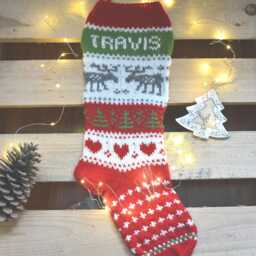 Hand Knitted Christmas Stocking, Home Decor, Personalized Christams Stocking With Deers - thumbnail 1