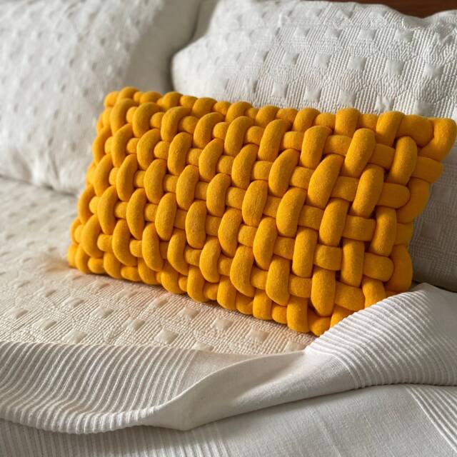 Modern Handwoven Pillowcase, Yellow 3D Texture Pillow, Rectangular Chunky Lumbar Cushion, Maximalist Home Decor - image 1