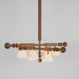 1950S Mid-Century Modern Wooden Chandelier - 4-Arm Pendant Ceiling Fixture With Frosted Glass Shades, Italian Sputnik Style Lighting - thumbnail 2