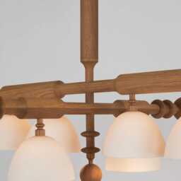 1950S Mid-Century Modern Wooden Chandelier - 4-Arm Pendant Ceiling Fixture With Frosted Glass Shades, Italian Sputnik Style Lighting - thumbnail 3