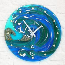 Stained Glass Sea & Fjiord Silent Wall Clock, Hand Painted Round Marine Ticker, Storm Decor, Blue Water Painting - thumbnail 2