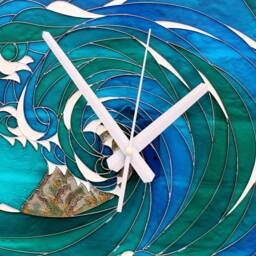 Stained Glass Sea & Fjiord Silent Wall Clock, Hand Painted Round Marine Ticker, Storm Decor, Blue Water Painting - thumbnail 3