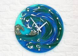 Stained Glass Sea & Fjiord Silent Wall Clock, Hand Painted Round Marine Ticker, Storm Decor, Blue Water Painting - thumbnail 1