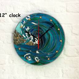 Stained Glass Sea & Fjiord Silent Wall Clock, Hand Painted Round Marine Ticker, Storm Decor, Blue Water Painting - thumbnail 4