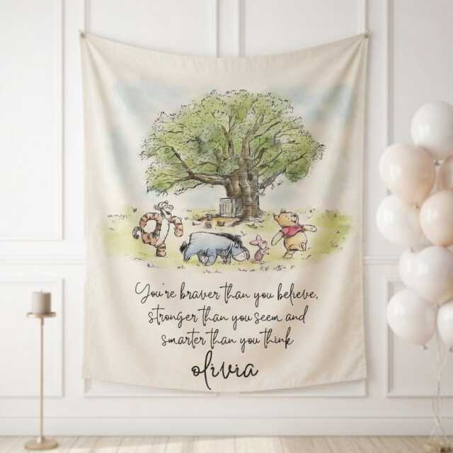 Personalized Winnie The Pooh Wall Tapestry, Nursery Decor, Custom Name Blanket, Baby Room Hanging, Quote Tapestry - image 1