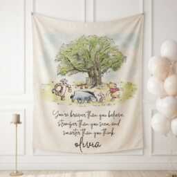 Personalized Winnie The Pooh Wall Tapestry, Nursery Decor, Custom Name Blanket, Baby Room Hanging, Quote Tapestry - thumbnail 1