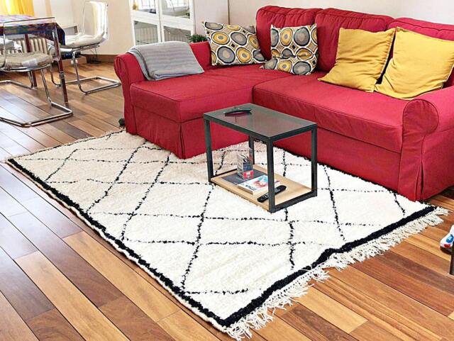 Authentic Moroccan Rug, Cream & Black Diamond Patterns. Beni Ourain Bedside Berber Floor Seating Carpet, Bohemian Woven Wool - image 1