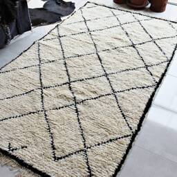 Authentic Moroccan Rug, Cream & Black Diamond Patterns. Beni Ourain Bedside Berber Floor Seating Carpet, Bohemian Woven Wool - thumbnail 2