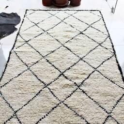 Authentic Moroccan Rug, Cream & Black Diamond Patterns. Beni Ourain Bedside Berber Floor Seating Carpet, Bohemian Woven Wool - thumbnail 4