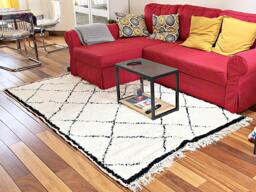 Authentic Moroccan Rug, Cream & Black Diamond Patterns. Beni Ourain Bedside Berber Floor Seating Carpet, Bohemian Woven Wool - thumbnail 1