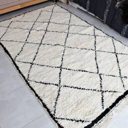 Authentic Moroccan Rug, Cream & Black Diamond Patterns. Beni Ourain Bedside Berber Floor Seating Carpet, Bohemian Woven Wool - thumbnail 3