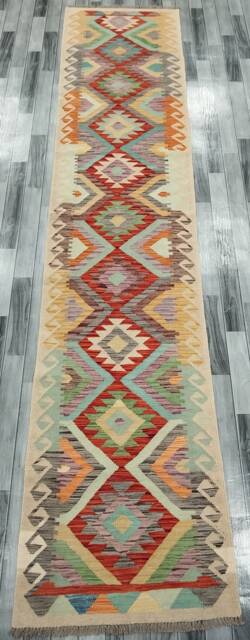 Classic Runner Rug, Handmade Artisan Afghan Turkish Aztec Navajo Wool Kilim Rug 397x84 cm - image 1