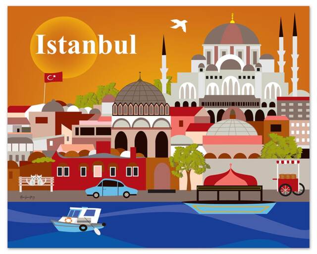 Istanbul Skyline Art Print, Turkish Art, Turkey Travel Poster, Horizontal Print, Gift, Canvas Style E8-O-Ist - image 1