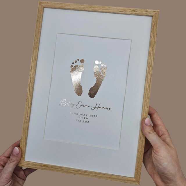 Personalised Baby Hand & Footprint Foil Print, New Keepsake Gift, Birth Announcement Free Ink Kit, Nursery Wall Art, Foot - image 1