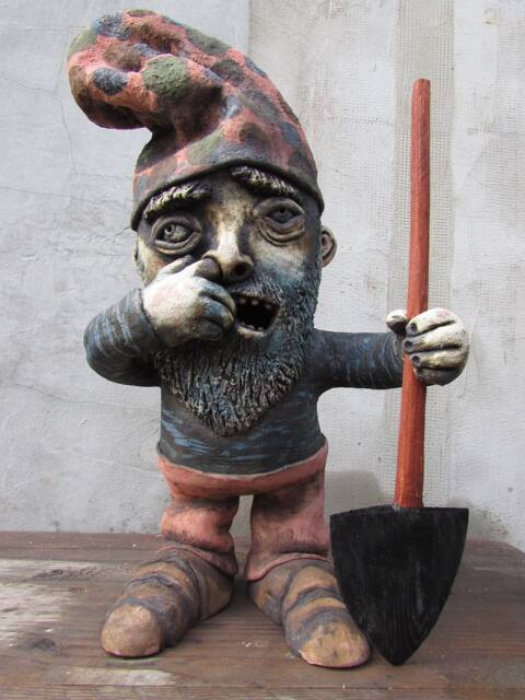 Ceramic Garden Gnome With A Hand Carved Wood Shovel - image 1