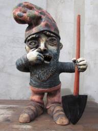 Ceramic Garden Gnome With A Hand Carved Wood Shovel