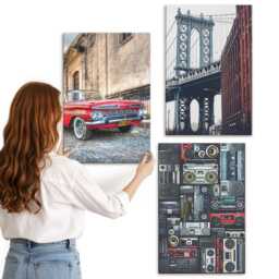 Canvas Art Set Of 3 - An Old Car Near The Brooklyn Bridge & Retro Audio Equipment, Navy Photo Print, Travels Wall Decor - thumbnail 3