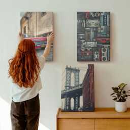 Canvas Art Set Of 3 - An Old Car Near The Brooklyn Bridge & Retro Audio Equipment, Navy Photo Print, Travels Wall Decor - thumbnail 1