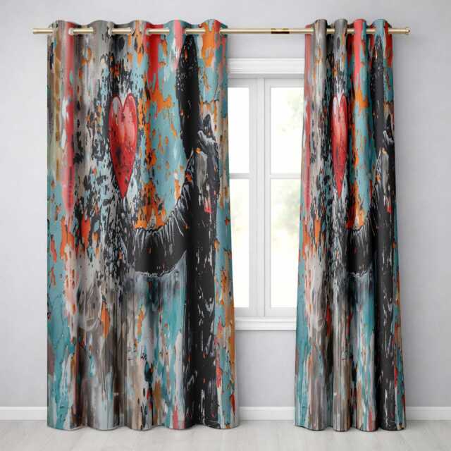 Man Holding Red Heart On Textured Graffiti Wall Vibrant Artwork For Bedroom Decor Readymade Eyelet Ring Top Thermal 100% Blackout Curtains - image 1
