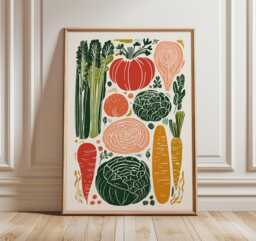 Vegetable Kitchen Wall Art, Retro Farmers Market Print, Colourful Veggie Poster - thumbnail 1