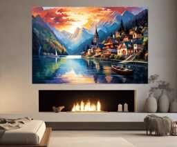 Hallstatt Lake in The Alps Canvas Print, Wall Art, Austrian Alpine Landscape, Framed & Ready To Hang - thumbnail 1