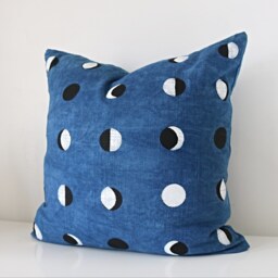 Indigo Linen Pillow Cover With Black & White Moon Print // Block Printed Moons Lunar Calendar Blue Decorative Throw Cushion Bedding Accent - thumbnail 2