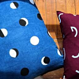 Indigo Linen Pillow Cover With Black & White Moon Print // Block Printed Moons Lunar Calendar Blue Decorative Throw Cushion Bedding Accent - thumbnail 3