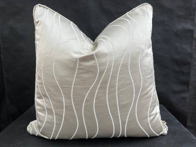 Luxury Designer Taupe Beige Neutral Contemporary Satin Wavy Striped Fabric Cushion Pillow Cover - image 1