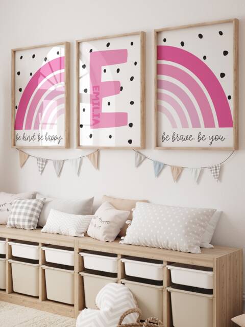 Set Of 3 Girls Bedroom Prints, Personalised Nursery Playroom Pink, Rainbow Wall Art, Toddler - image 1