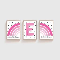 Set Of 3 Girls Bedroom Prints, Personalised Nursery Playroom Pink, Rainbow Wall Art, Toddler - thumbnail 2