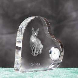 Sphynx Cat - Crystal Clock in The Shape Of A Heart With Image Pure-Bred Cat - thumbnail 3